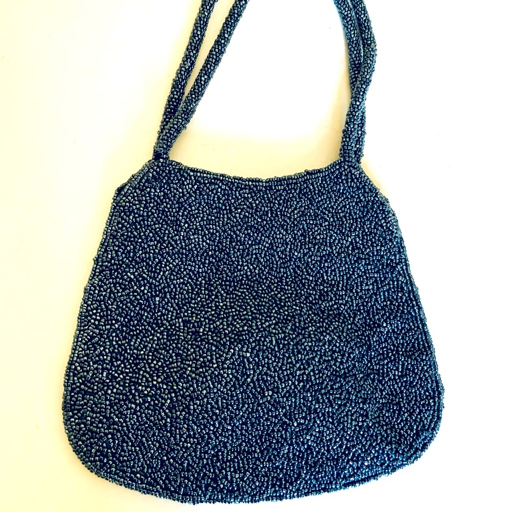 Dazzling evening purse fully beaded dark gray front & back double beaded handle